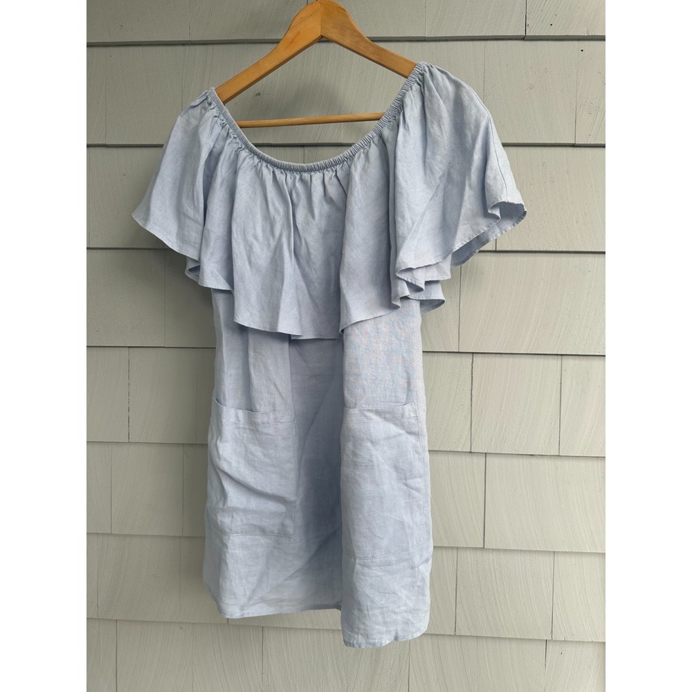 Reformation‎ Tennessee Off Shoulder Linen Blue Mini Dress Pockets Medium